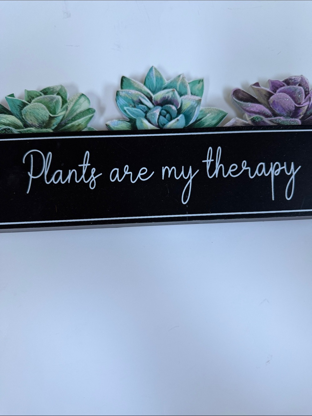 Plants Are My Therapy Wall Sign - Black with Green & Purple Succulents
